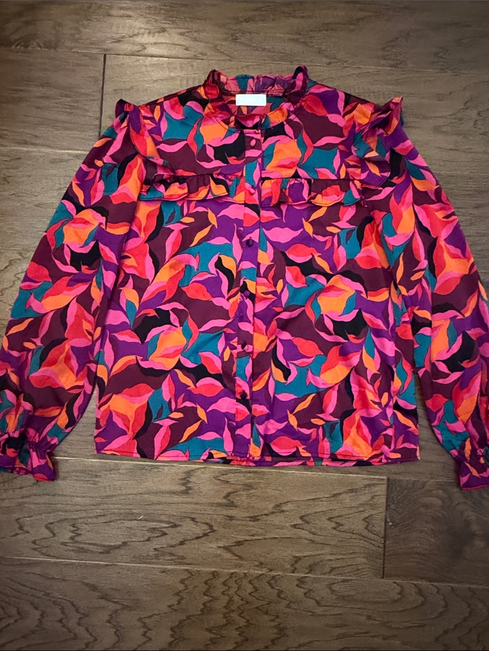 Q2 Colorblock Ruffle Top in Pink, Purple, Orange, Teal-S - Picture 2 of 9
